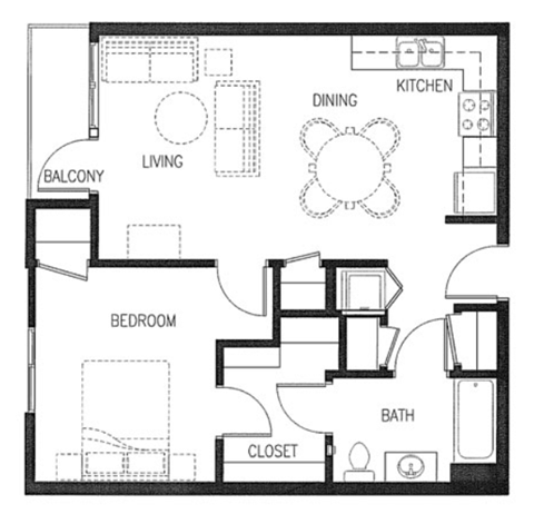 Floor plan for 1 bed, 1 bath, 707 sqft